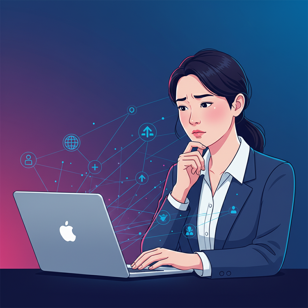 A thoughtful Korean professional woman looking at a laptop screen with a perplexed expression, surrounded by subtle network lines and icons, clean infographic style, high contrast, colored background, no text