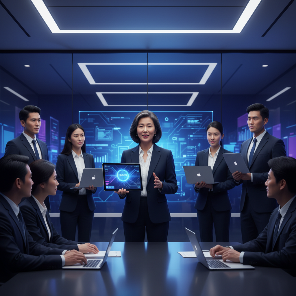 Marissa Mayer, a confident and visionary tech CEO, is passionately presenting her new AI startup Dazzle to a group of investors in a modern, sleek conference room. The atmosphere is charged with innovation and excitement. She is holding a tablet, displaying futuristic UI elements of an AI assistant, with her team in the background. The scene is brightly lit, showcasing a dynamic interplay of light and shadow, and the background subtly reflects the Dazzle brand colors, Korean appearance, centered focus, visually rich, no empty margins, no text, clean infographic style, colored background, balanced lighting