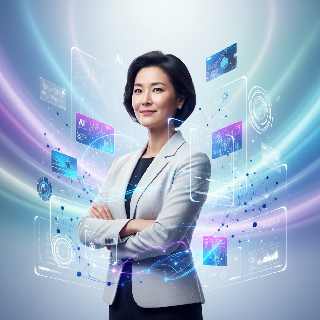 A modern, clean infographic depicting Marissa Mayer standing confidently, with abstract AI elements and futuristic interfaces surrounding her, symbolizing innovation and future. Soft, gradient background in cool tones, high contrast, no text. Korean woman appearance.