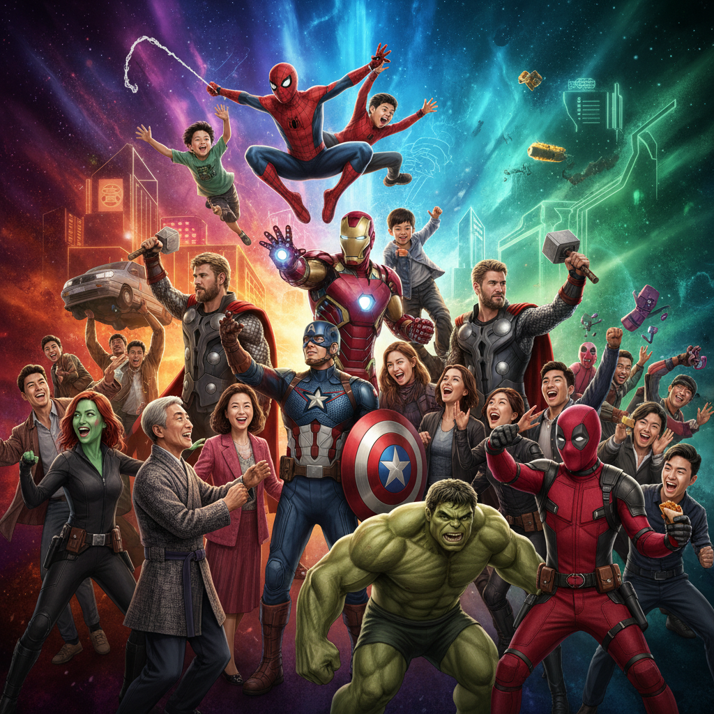 A group of people happily interacting with Marvel movie characters in a dynamic scene, vibrant colors, cinematic lighting, colored background, Korean appearance, natural expressions, no text