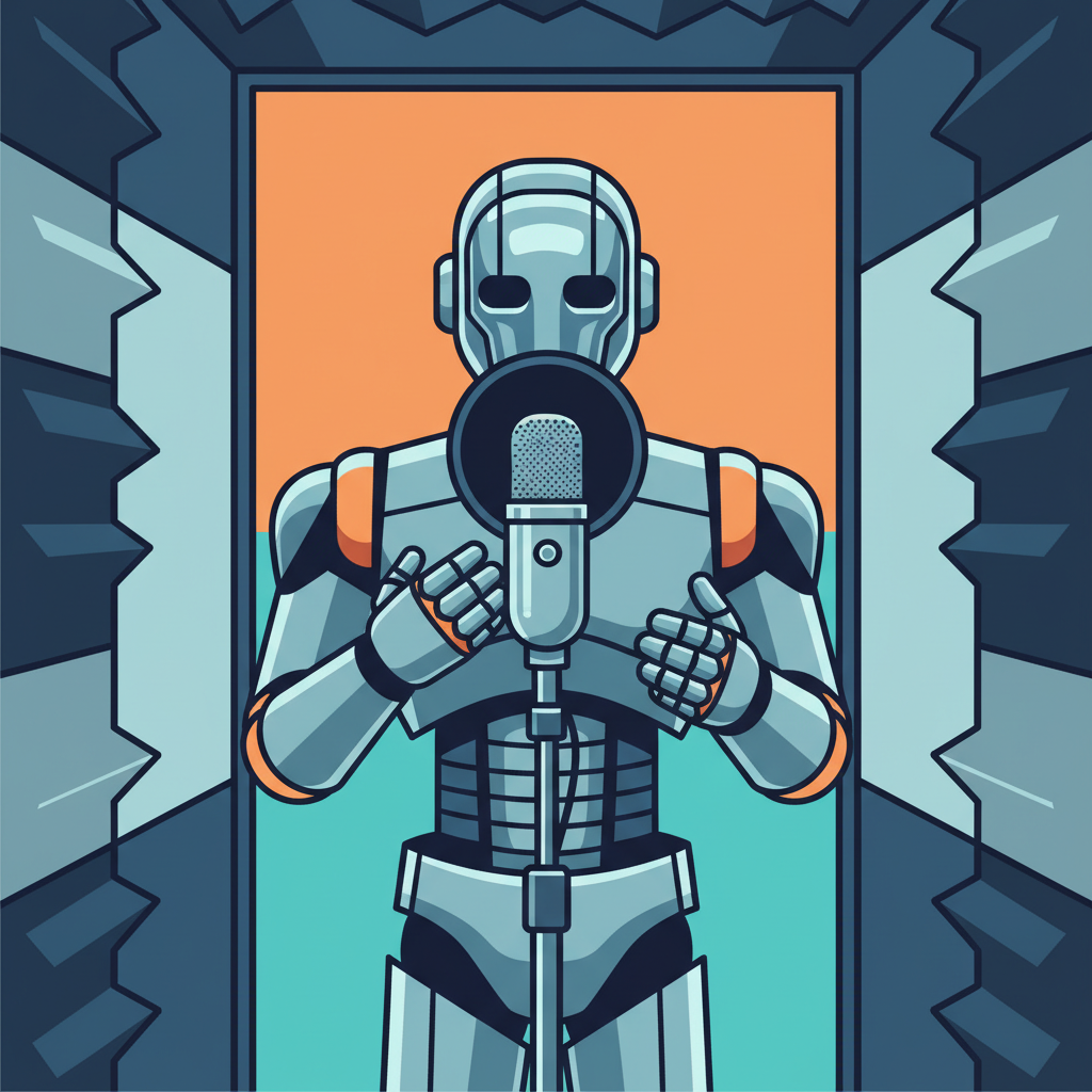 A robot character standing in front of a microphone in a sound booth, delivering a dubbing line with a completely emotionless expression. The robot's face is metallic and devoid of human features. Style: clean infographic, modern layout, high contrast. No text. Colored background.