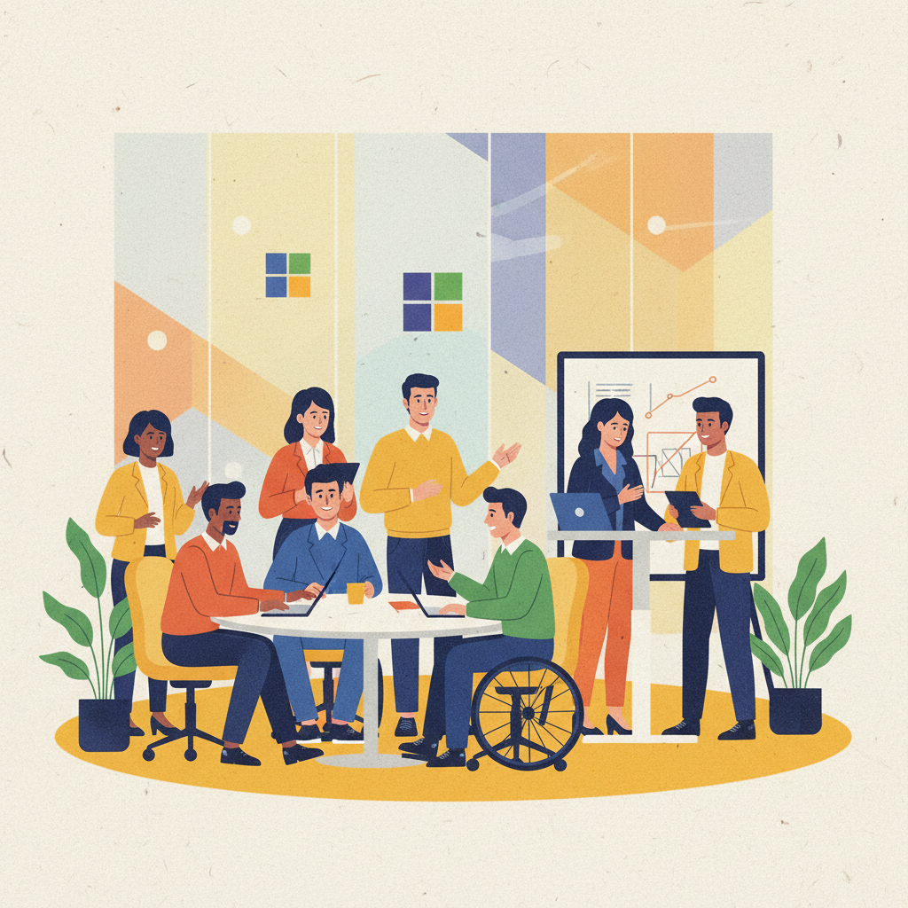 A diverse group of people from various backgrounds working collaboratively in a modern, inclusive office environment. The scene has warm lighting and a contemporary style, with subtle hints of Microsoft branding in the background. No text, clean infographic style, high contrast, textured background.