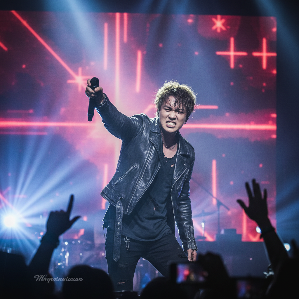 A Korean musician on stage, holding a microphone, with a frustrated expression. Dynamic lighting, concert atmosphere, textured background, no text.