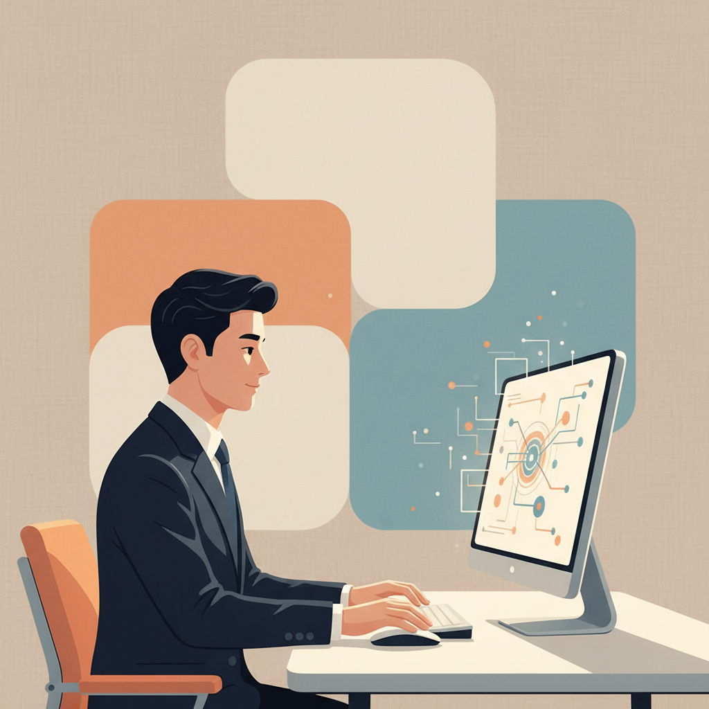 A modern office setting with a Korean business person using a computer, a clean infographic style, warm lighting, textured background, no visible text.