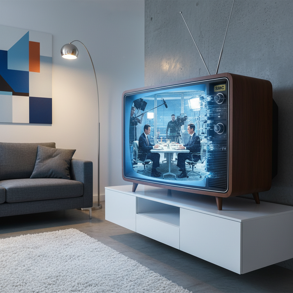 A retro-style television screen displaying a glitched scene from "Mad Men" where faint crew members are visible in the background. The screen has a subtle static effect, contrasting with a modern, clean living room setting. Style: digital art, high contrast. No visible text.