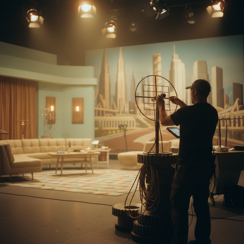 A vintage film set recreated with 1960s aesthetic, showing a subtle corner where a modern-day crew member, partially obscured, is handling a prop or equipment. The scene should be slightly out of focus in the background, with the crew member more prominent. Style: cinematic photography, warm lighting. No visible text.