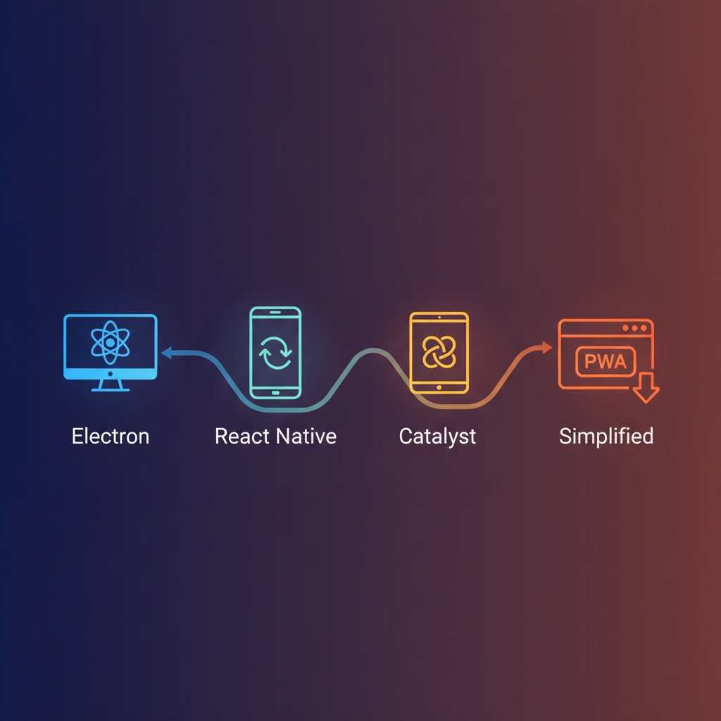 Clean infographic showing the technological evolution of a messenger app, from robust to simplified, with icons representing Electron, React Native, Catalyst, and PWA, modern layout, high contrast, gradient background, no text.