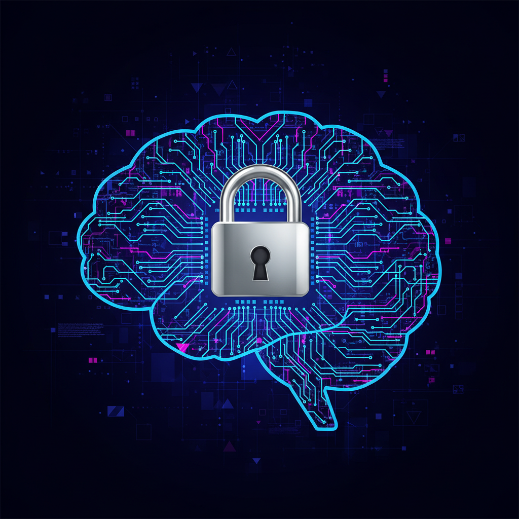 A thought-provoking image of a futuristic brain or a stylized AI chip with a padlock symbol, set against a dark, tech-inspired background with subtle blue and purple lighting, representing Meta's AI model potentially becoming paid. No text, clean infographic style.