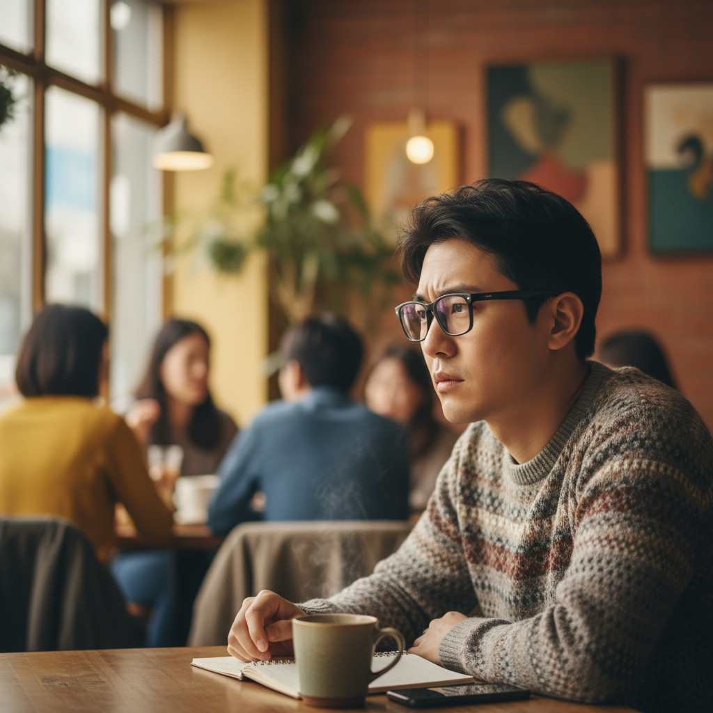 A Korean man wearing Meta AI smart glasses, engaging in a focused conversation in a slightly noisy cafe environment. The man looks attentive. Lifestyle photography, warm lighting, natural setting, colored background, no text, 4:3 aspect ratio