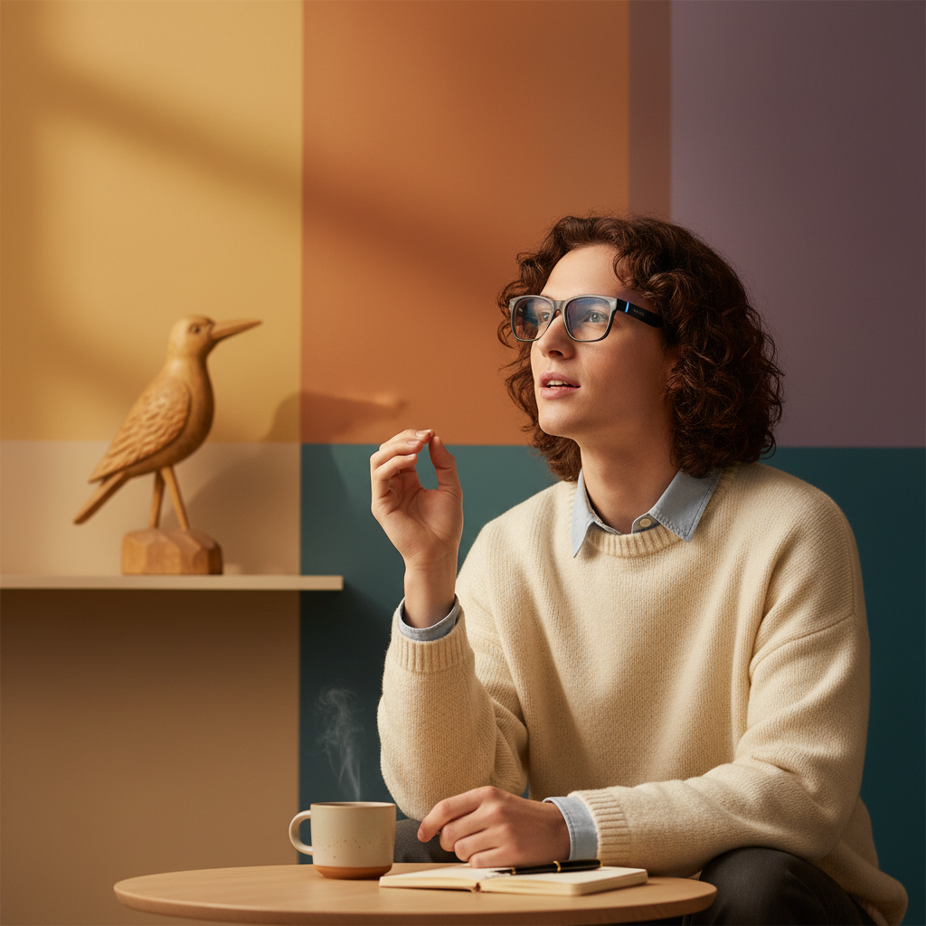 A person wearing Meta AI smart glasses, casually giving a voice command while hands-free, perhaps gesturing slightly or looking at an object. The scene implies seamless interaction with technology in a daily setting. Lifestyle photography, warm lighting, colored background, no text, 4:3 aspect ratio