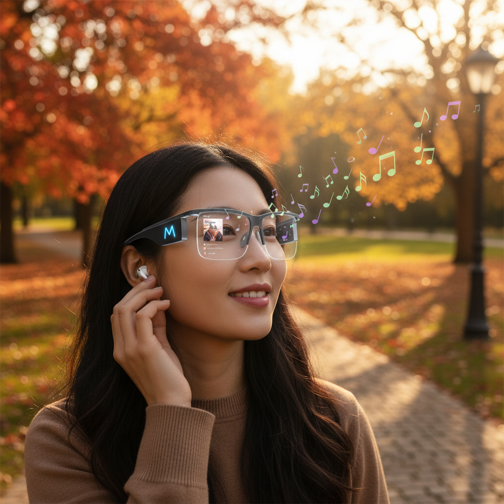 A Korean person wearing Meta AI glasses, enjoying music from Spotify while looking at a vibrant autumn park scene. Music notes subtly emanating from the glasses, indicating seamless integration. Lifestyle photography, warm lighting, natural setting, rich colored background, no text, 4:3 aspect ratio