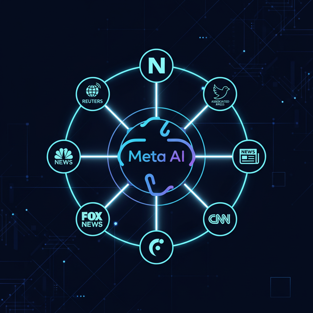 Clean infographic showing a stylized "Meta AI" logo connected to various news source icons, demonstrating real-time data flow with a modern layout and high contrast. Colored background with abstract tech patterns. No text.