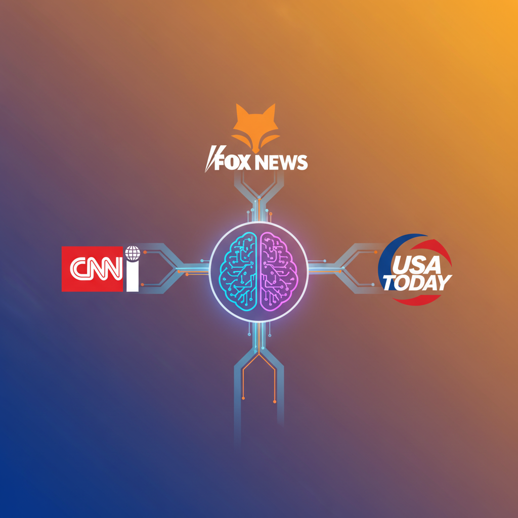 A modern, clean infographic illustrating the concept of AI and news collaboration. Show a stylized brain or AI chip connecting with news media logos (CNN, Fox News, USA Today) through data streams. The background is a vibrant gradient, indicating connectivity and innovation. No visible text, focused on abstract representation of digital partnership. Style: clean infographic, modern layout, high contrast, colored background, bright lighting.