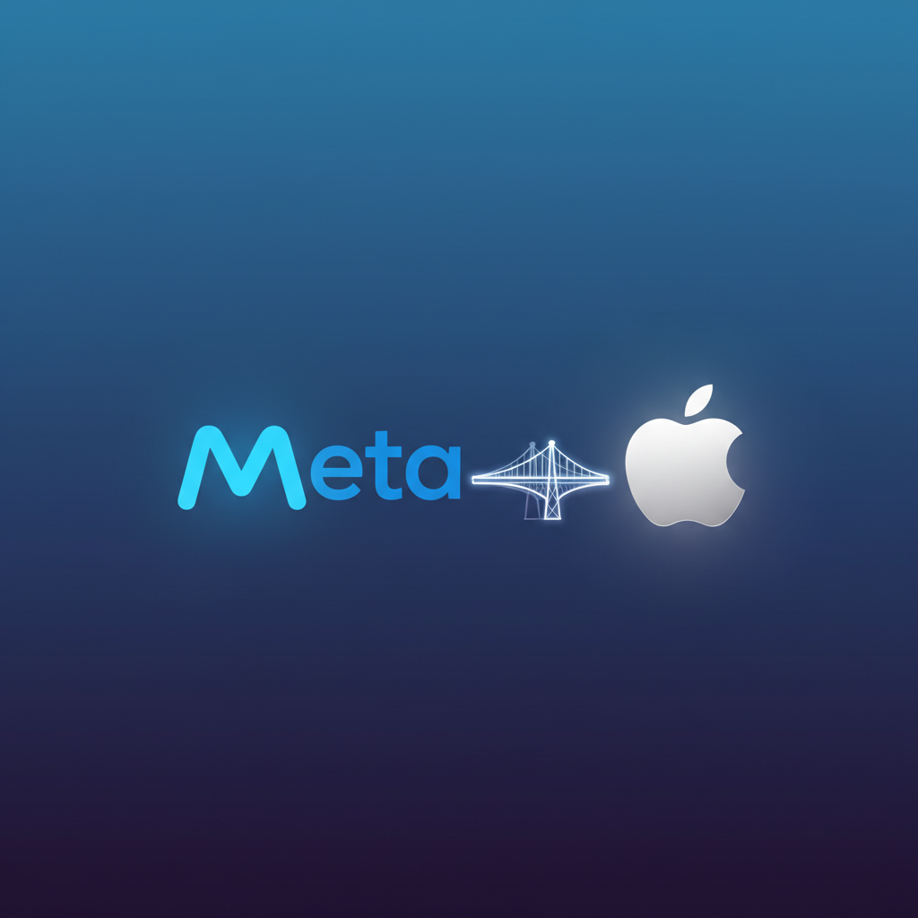 Clean infographic, modern layout, high contrast. Meta logo on left, Apple logo on right, subtly glowing. A bridge or connection visually links them, symbolizing transition. The background is a soft, deep gradient of blue and purple. No text, centered focus, visually rich, no empty margins, bright, balanced lighting.