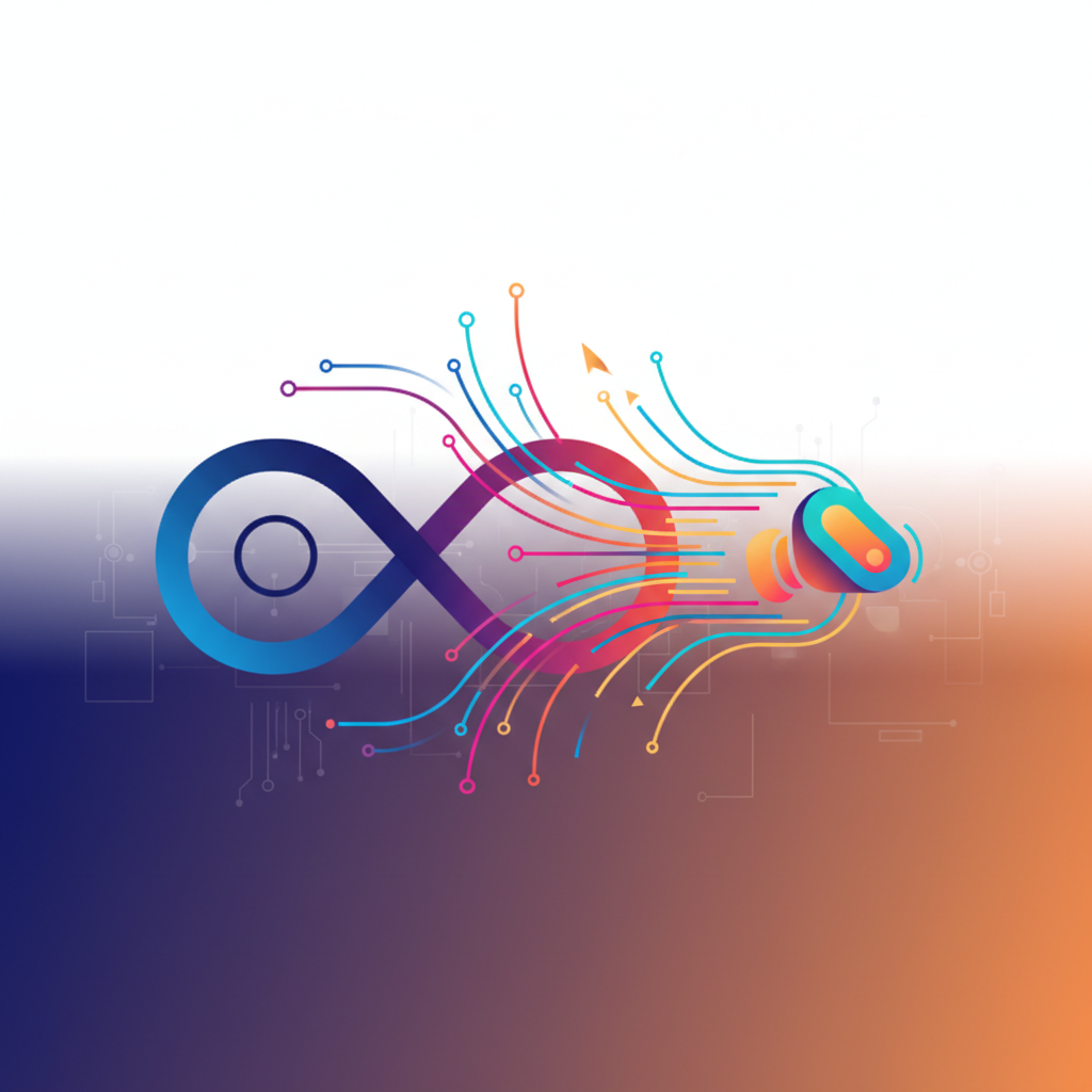 clean infographic, modern layout, high contrast, representing Meta's acquisition of AI device startup Limitless, showing a conceptual blend of a large tech company logo and a small innovative wearable device icon, with data streams connecting them on a colored gradient background, no text.