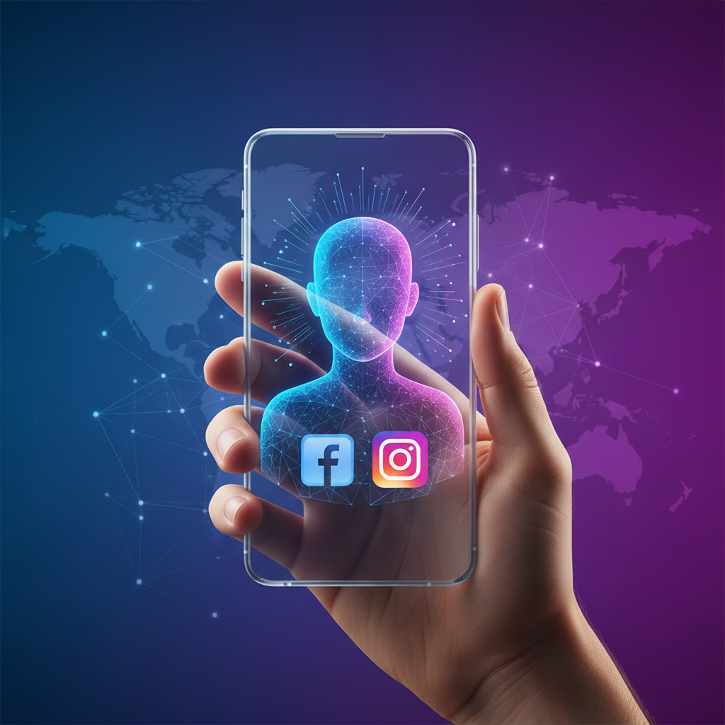 clean infographic, modern layout, high contrast. A human user interacts with a glowing, futuristic AI assistant interface on a smartphone, representing centralized support for Facebook and Instagram. The background is a gradient of blue and purple, showing connectivity and technology. No text.