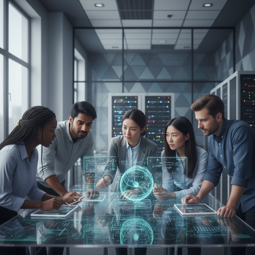 A group of diverse AI researchers collaborating in a modern, well-lit lab setting, engaging in a discussion with advanced holographic interfaces showing complex algorithms, innovative technology, textured background, no text, 4:3 aspect ratio