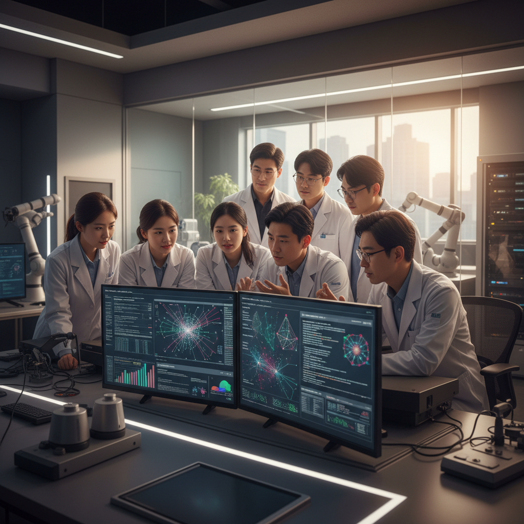 A realistic and dynamic scene of a diverse team of Korean scientists and engineers collaborating intently in a modern, high-tech lab setting, discussing advanced AI models, with screens displaying complex data. Warm, balanced lighting, no text. Lifestyle photography.