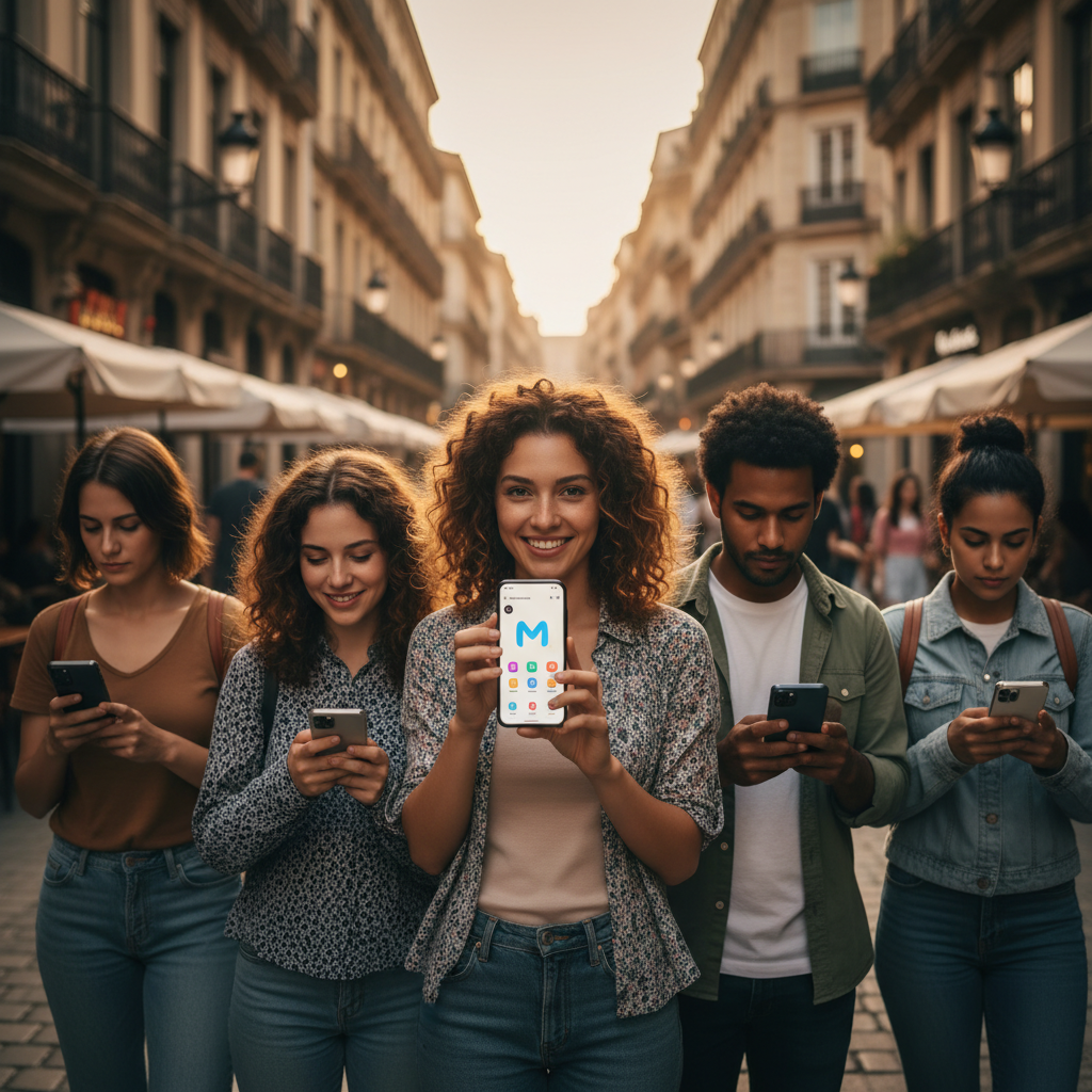 A diverse group of people looking at their smartphones, one screen showing a simplified interface with fewer ads, representing Meta's ad-light option for EU users, a bustling European city street in the background, warm lighting, natural expression, no text
