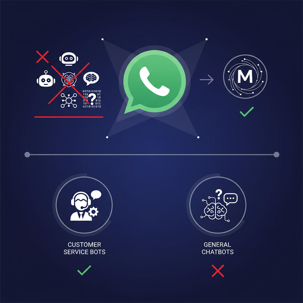 An infographic illustrating WhatsApp's new business API policy. Show a diagram of WhatsApp allowing Meta AI, but blocking other general-purpose AI chatbots (represented by diverse AI icons). Highlight the distinction between general chatbots and customer service bots. Style: clean infographic, modern layout, high contrast. No visible text. Colored background, centered focus.