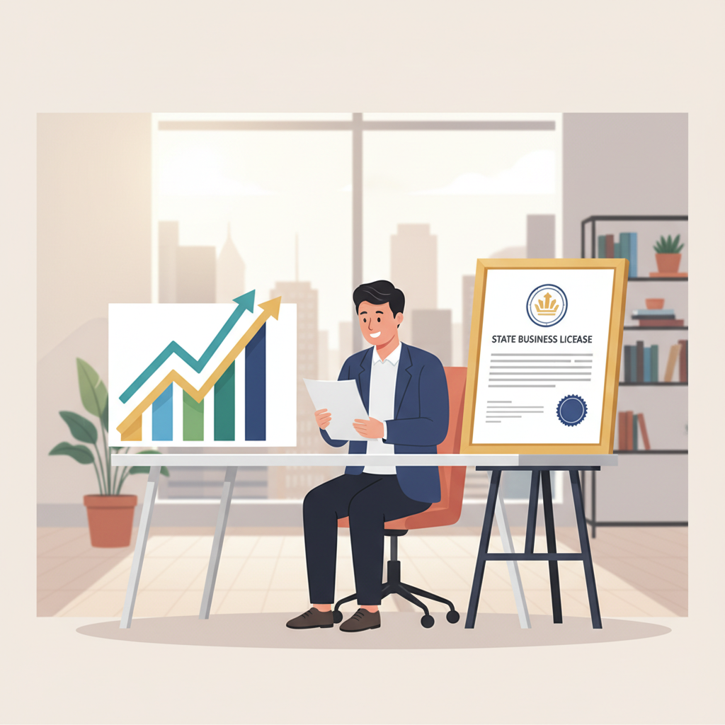 A clean infographic-style image showing growth charts or arrows pointing upwards, a Korean business owner happily reviewing documents with a state license prominently displayed, warm lighting, modern office background, no text, clean infographic.