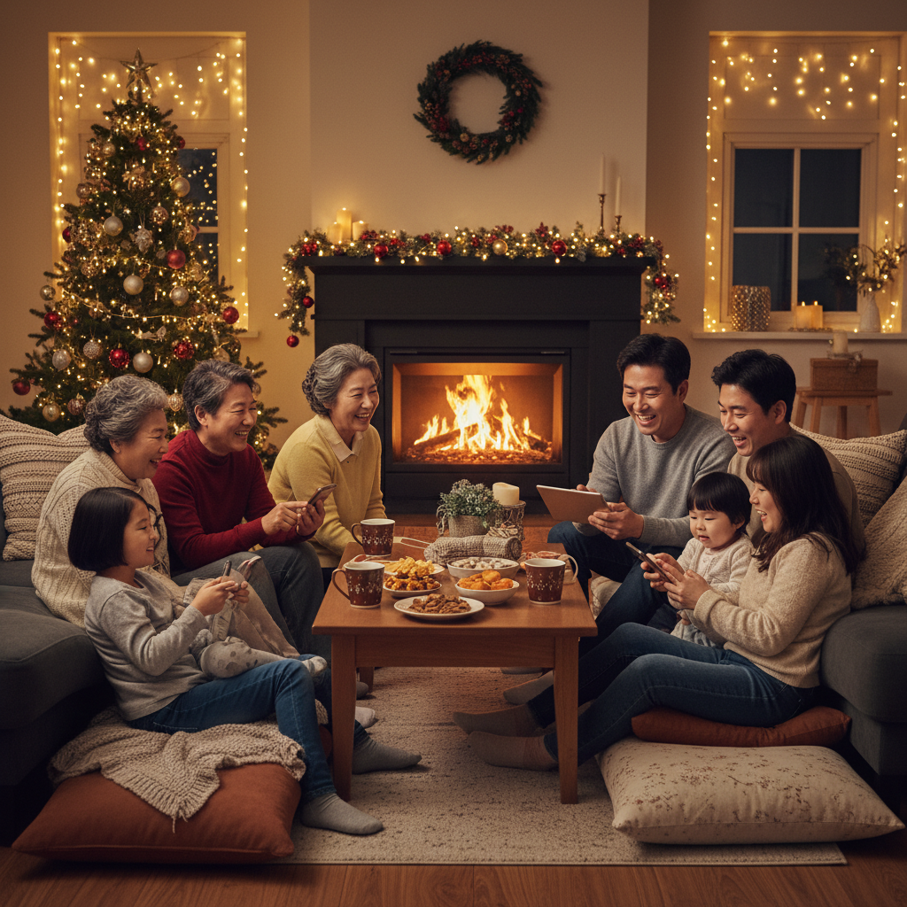 A warm, inviting lifestyle photography scene of a multi-generational Korean family gathered during the holidays, some family members are looking at their phones, warm lighting, cozy living room background, natural setting, centered focus, visually rich, no empty margins, no text.
