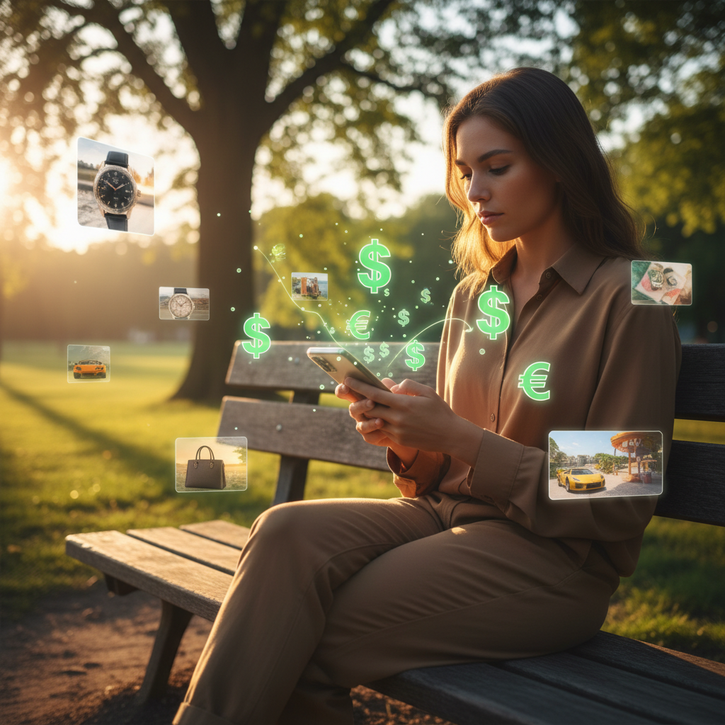 A person using a smartphone with money signs floating around it, various ads subtly appearing, lifestyle photography, warm lighting, natural setting, no text