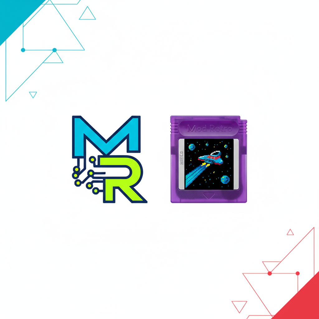 A stylized ModRetro logo next to a Game Boy inspired physical game cartridge, clean infographic, modern layout, high contrast, colored background, no text, 1:1 aspect ratio