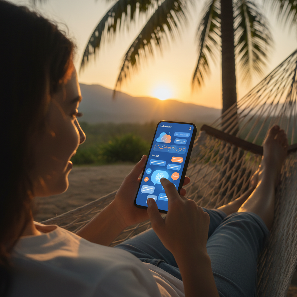 lifestyle photography, warm lighting, natural setting. A person comfortably using a mobile phone, engaging with a dynamic search interface that shows both summarized AI overviews and an ongoing AI chat. The focus is on ease of use and fluid interaction. Bright, balanced lighting, colored background. No visible text in image. No Korean characters.