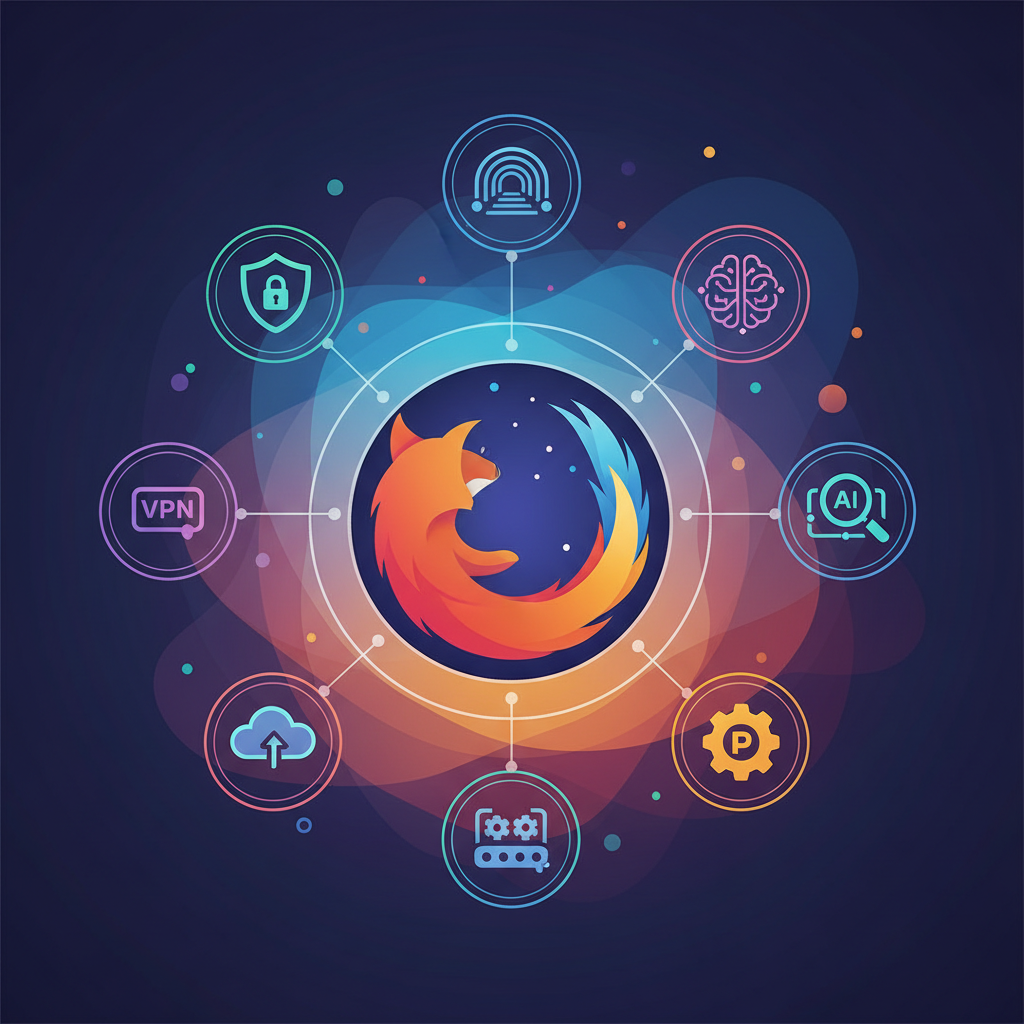 An illustrative scene showing a stylized Firefox browser icon at the center, surrounded by smaller icons representing various integrated services like VPN, privacy tools, and AI features, interconnected by subtle lines, modern infographic style, vibrant gradient background, no text, 4:3 aspect ratio, visually rich