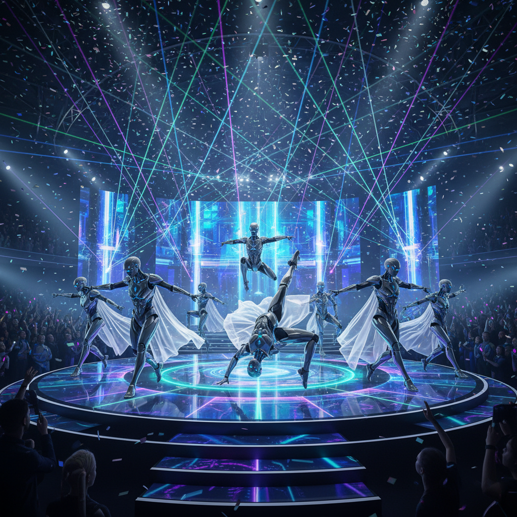 Humanoid robots dancing and performing on a brightly lit stage, dynamic poses, futuristic event, no text, 4:3