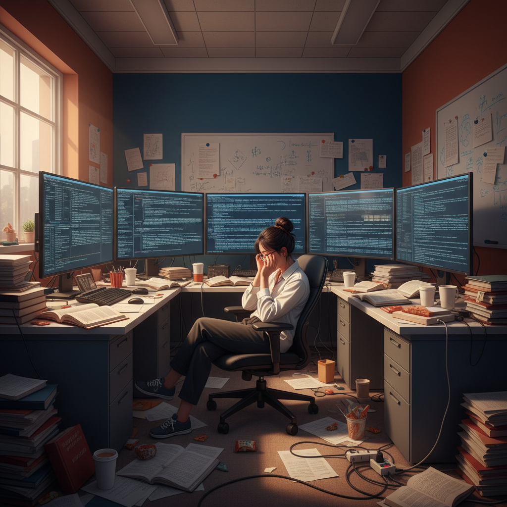 Realistic depiction of a chaotic academic office or research lab, cluttered with an overwhelming amount of papers and digital screens displaying AI-generated text. A researcher looks overwhelmed, natural setting, warm lighting, colored background, Korean appearance, no text.