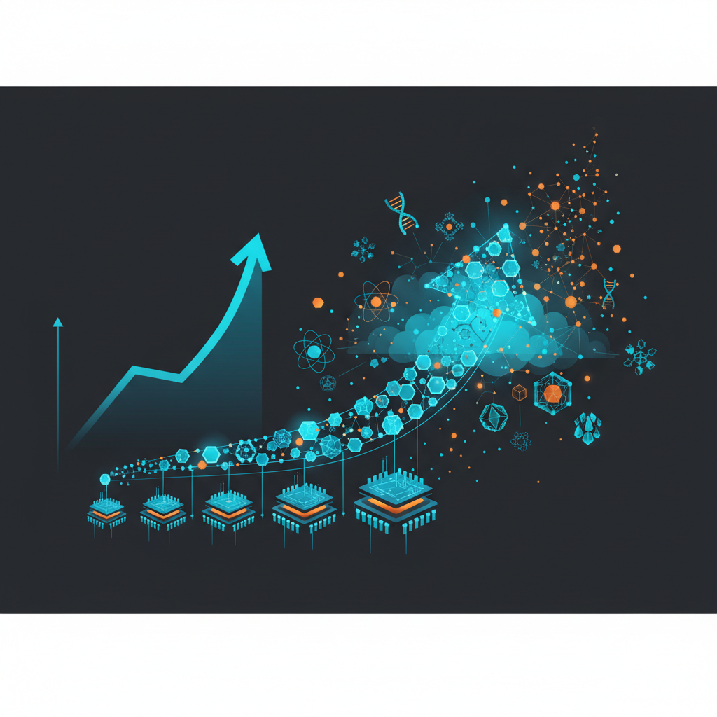 A clean infographic illustrating the concept of Moore's Law and its future evolution with advanced semiconductor technology. Show interconnected elements representing innovation and growth, with a modern layout and high contrast. No text.