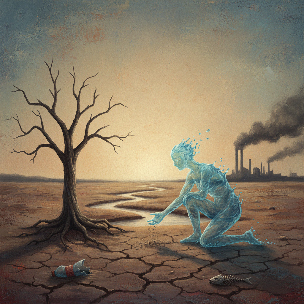 An artistic rendering illustrating the concept of water scarcity and environmental impact, textured background, balanced lighting, no text, 4:3 aspect ratio