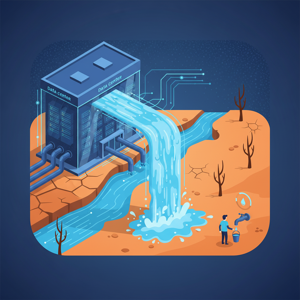 An illustration depicting water scarcity with a large data center consuming vast amounts of water, clean infographic, modern layout, high contrast, textured background, no text