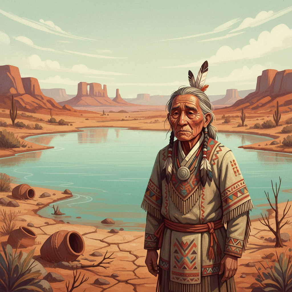 An artistic illustration of a Korean-looking Native American elder with a worried expression, standing by a serene lake in a dry desert landscape. The image conveys a concern for dwindling water resources. Style: illustration, artistic rendering, textured background. No visible text. Textured background, full frame.