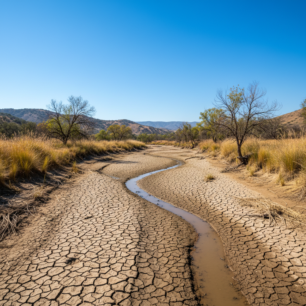 A serene river landscape gradually drying up, with visible cracks in the riverbed, surrounded by parched vegetation under a clear, bright sky, realistic style, vibrant colors, 4:3 aspect ratio, no text