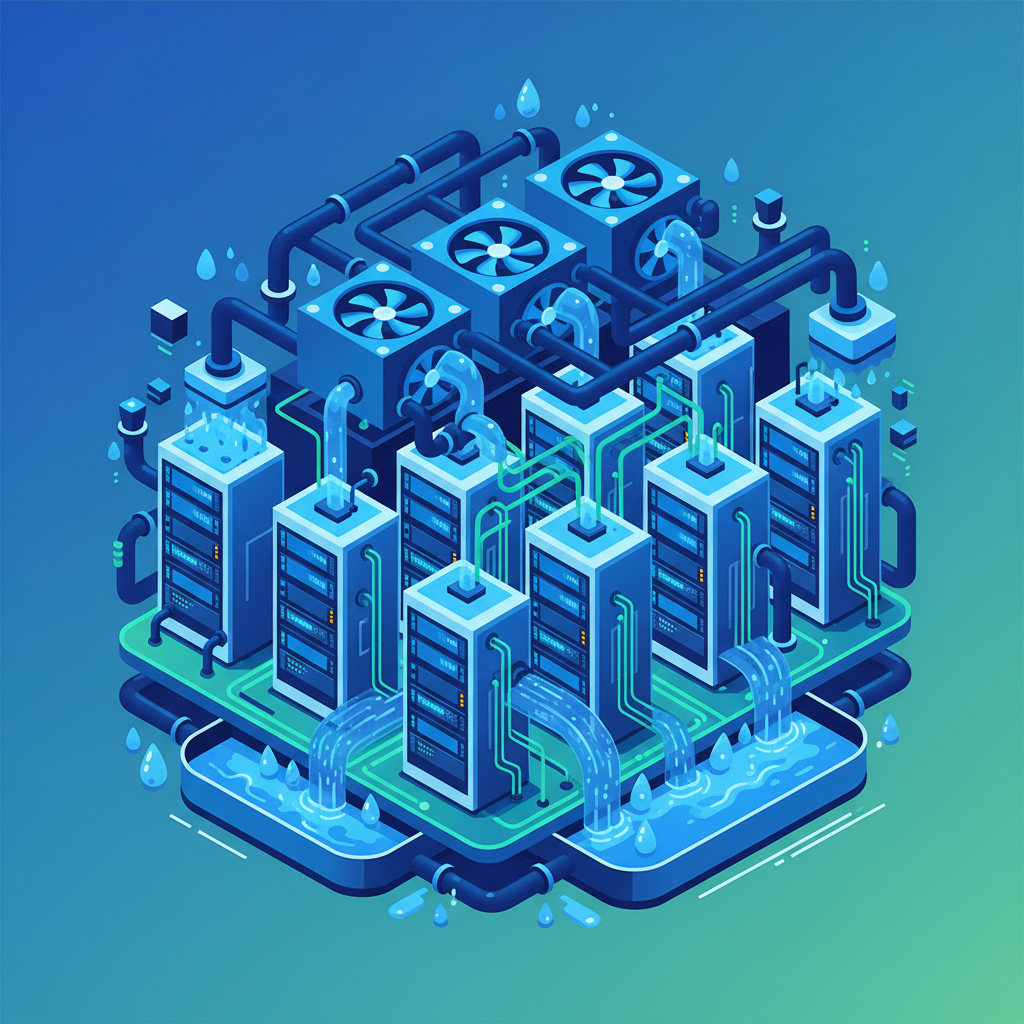 Clean infographic showing a stylized data center with servers and cooling systems. Visible water pipes and droplets illustrating water consumption. Modern, high-contrast, blue and green color scheme. No text in image. Colored background, minimal empty space.