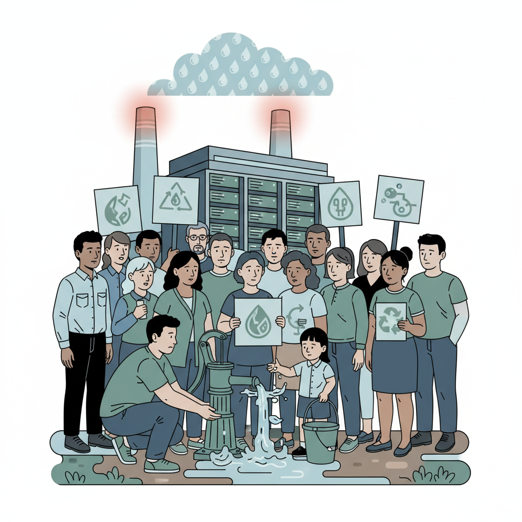 A powerful, clean infographic illustration showing a diverse community in Oregon rallying for clean water. People hold signs (no text) near a water pump, with a stylized representation of a data center in the background emitting a subtle warning glow. Emphasize community and struggle. Style: clean infographic, modern layout, high contrast. No text.