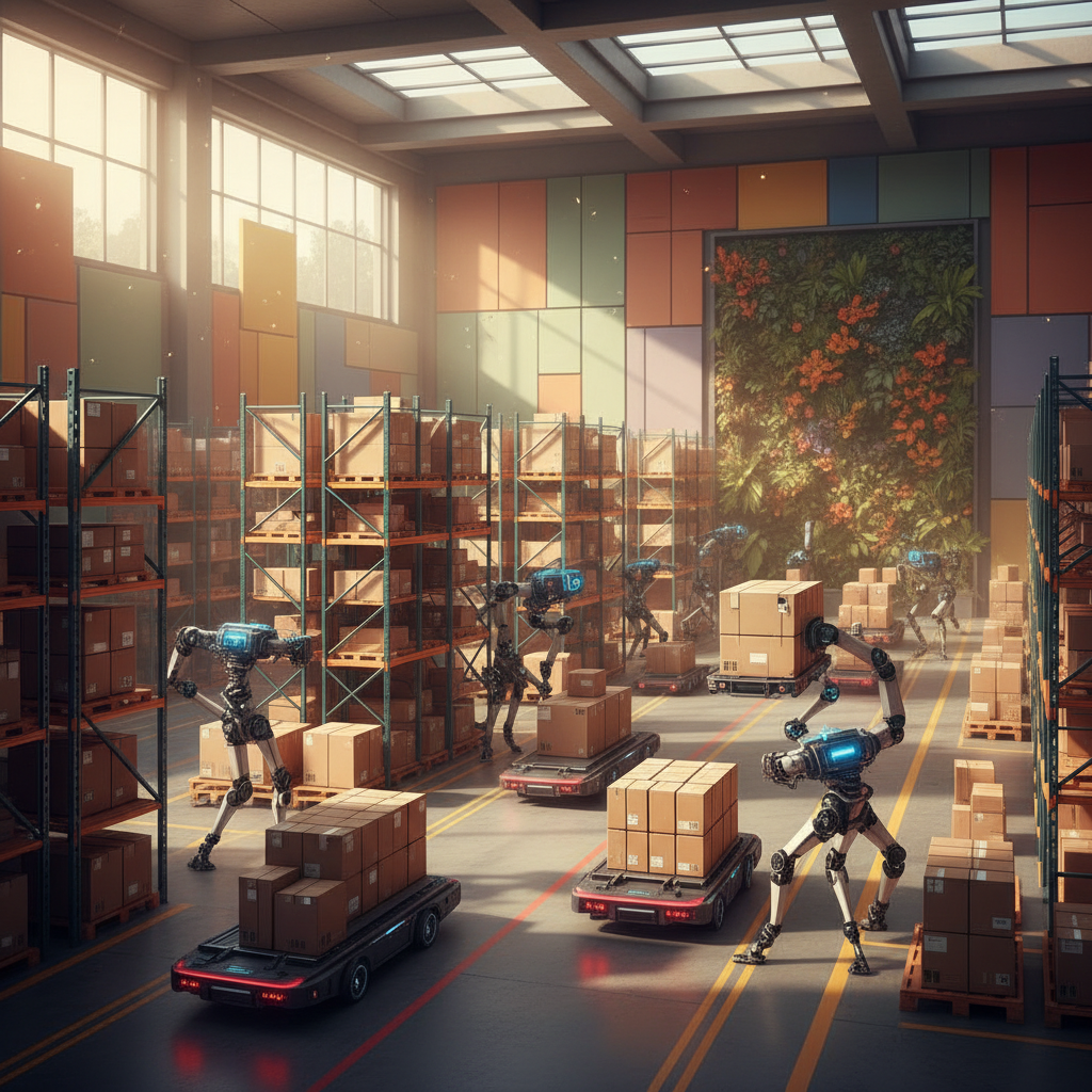 A realistic depiction of robots working efficiently in a large logistics warehouse, moving packages and optimizing space, lifestyle photography, warm lighting, natural setting, colored background, no text