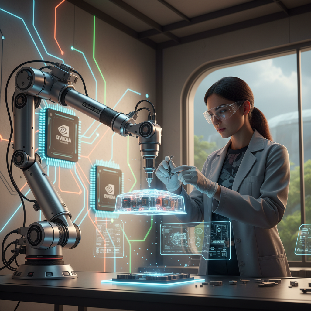 A futuristic scene of a robotic arm working collaboratively with a human on a complex task, symbolizing physical AI. Nvidia GPUs are subtly integrated into the background as glowing circuits. The setting is a clean, advanced laboratory with warm, balanced lighting and a textured wall, no text, 4:3 aspect ratio, lifestyle photography, natural setting