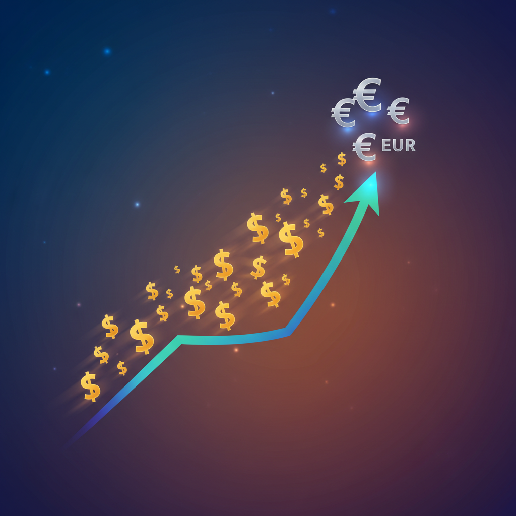 clean infographic, modern layout, high contrast, A stylized graph showing an upward trend of US dollar symbols flowing towards EU euro symbols, representing increased investment, vibrant gradient background, no text