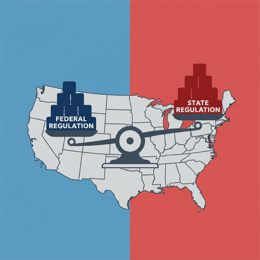 A visual metaphor of a scale with "Federal Regulation" on one side and "State Regulation" on the other, balanced on a map of the United States, representing a conflict, infographic style, high contrast, colored background, no text