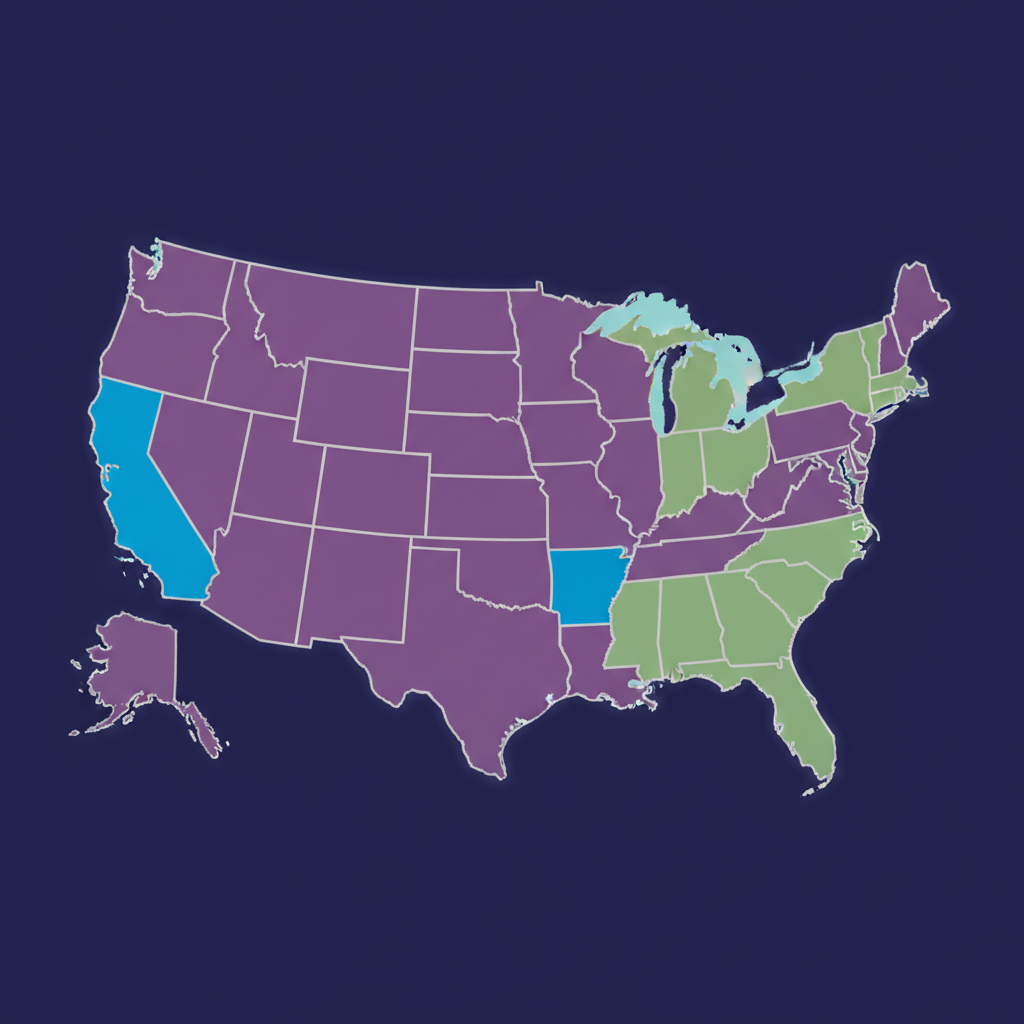 A clean infographic map of the United States highlighting New York and California, illustrating state-level AI regulation, modern layout, high contrast, colored background, no text