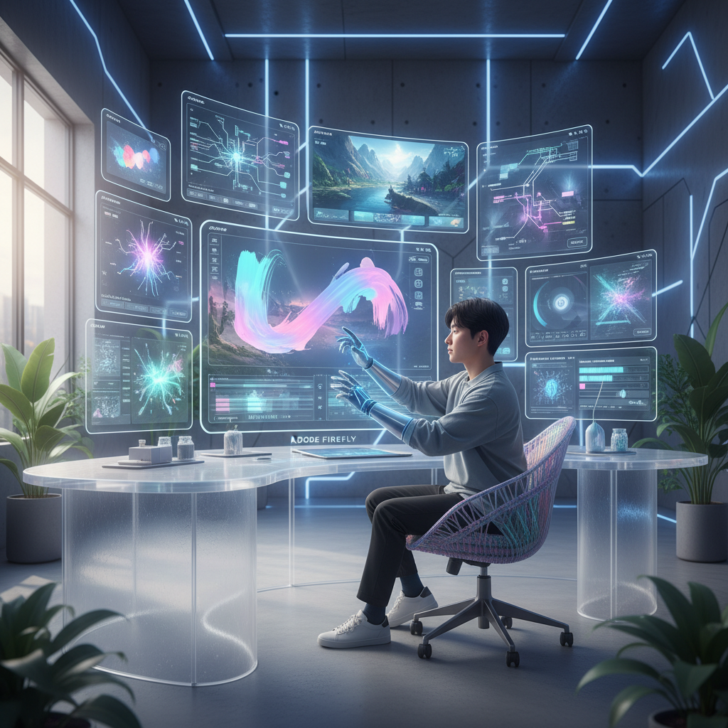 A futuristic vision of a creative studio where a Korean person is effortlessly creating and editing high-quality videos using advanced AI tools like Adobe Firefly, surrounded by holographic displays and intuitive interfaces. Dynamic composition, bright lighting, textured background, no text