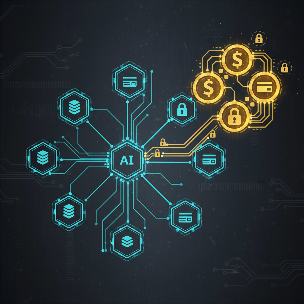 A clean infographic showing interconnected AI systems and data flows, with some nodes highlighted in a stylized 'paid' manner, illustrating the potential shift in the AI ecosystem. Modern layout, high contrast, textured background, no text.