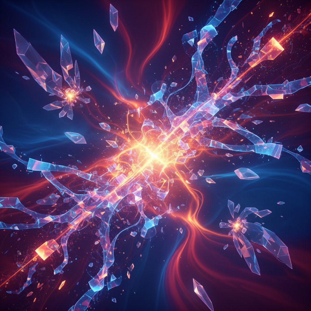 Futuristic abstract illustration of an evolving AI landscape with interconnected digital networks and glowing data streams on a dynamic colored background no text