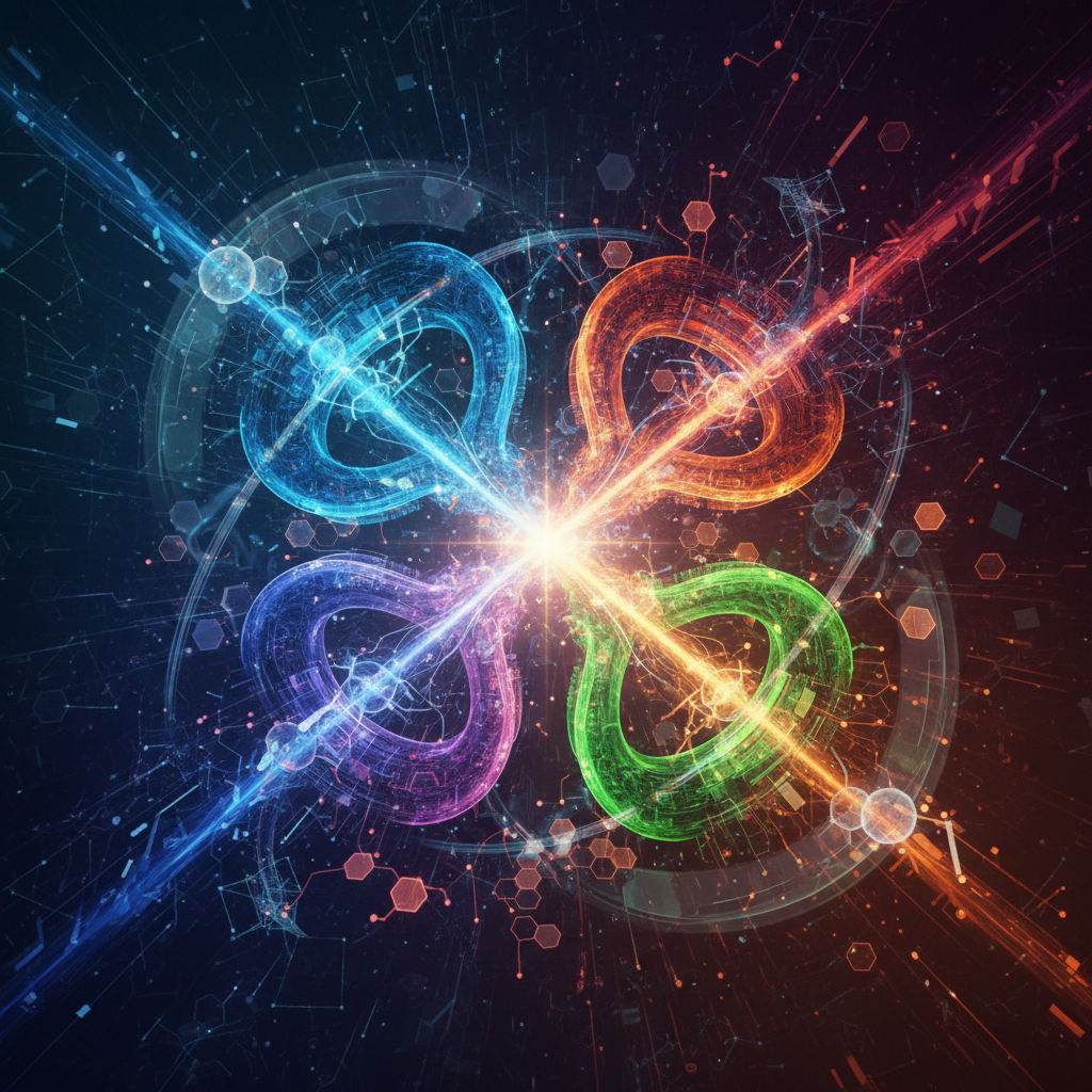 A visually dynamic representation of various AI labs collaborating and competing, with abstract data flows and neural network patterns, bright and balanced lighting, textured background, no text