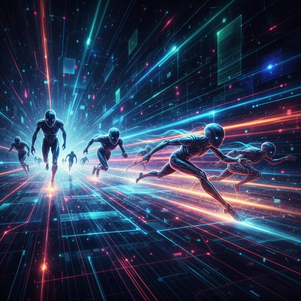 A futuristic, slightly abstract illustration depicting a race or competition between multiple sleek, glowing AI bot representations on a digital track. The background is a complex network of light trails and data streams, emphasizing speed and advancement. Colors are vibrant, suggesting technological innovation. Style: illustration, artistic rendering, textured background. No visible text, conveying a sense of ongoing, intense competition in the AI market. Full frame, dynamic composition.