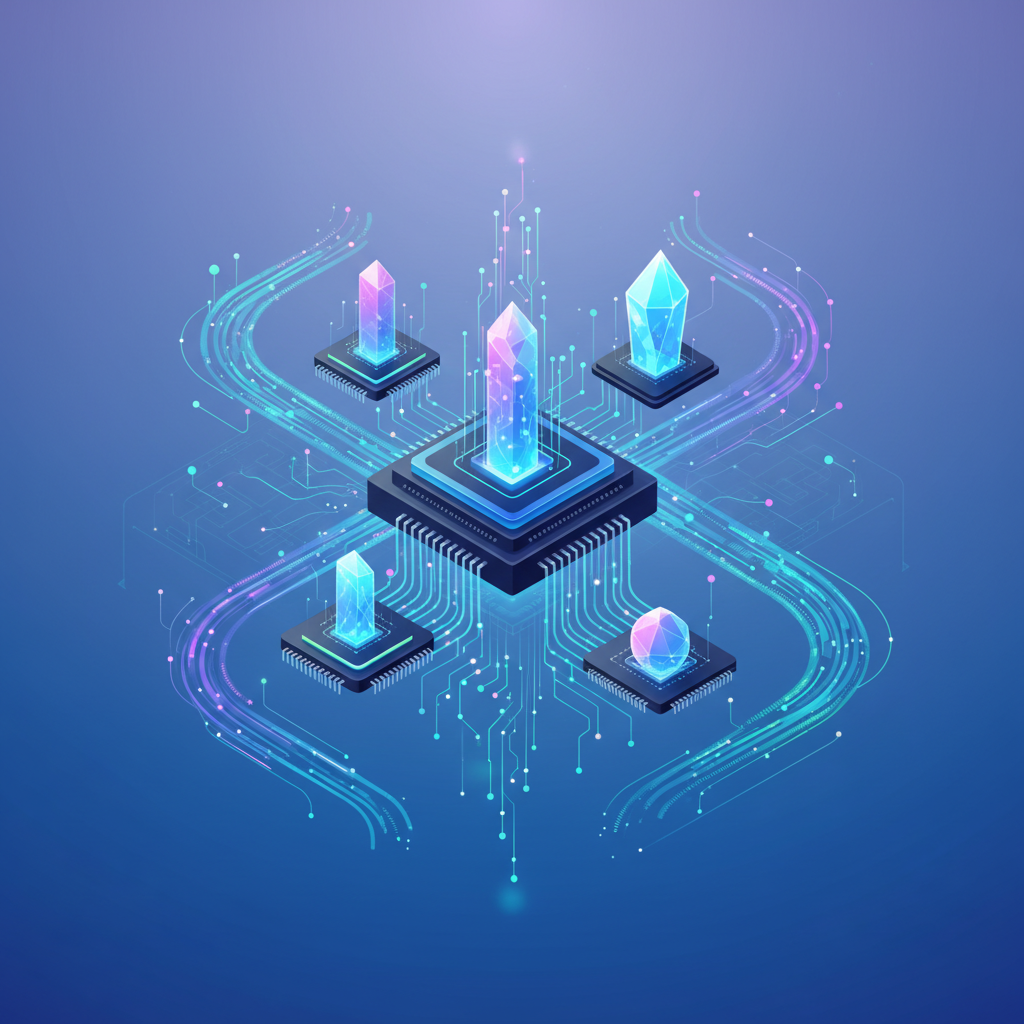 Futuristic AI hardware components merging with data streams, symbolizing innovation and transformation in the AI market, clean infographic, modern layout, gradient background, no text